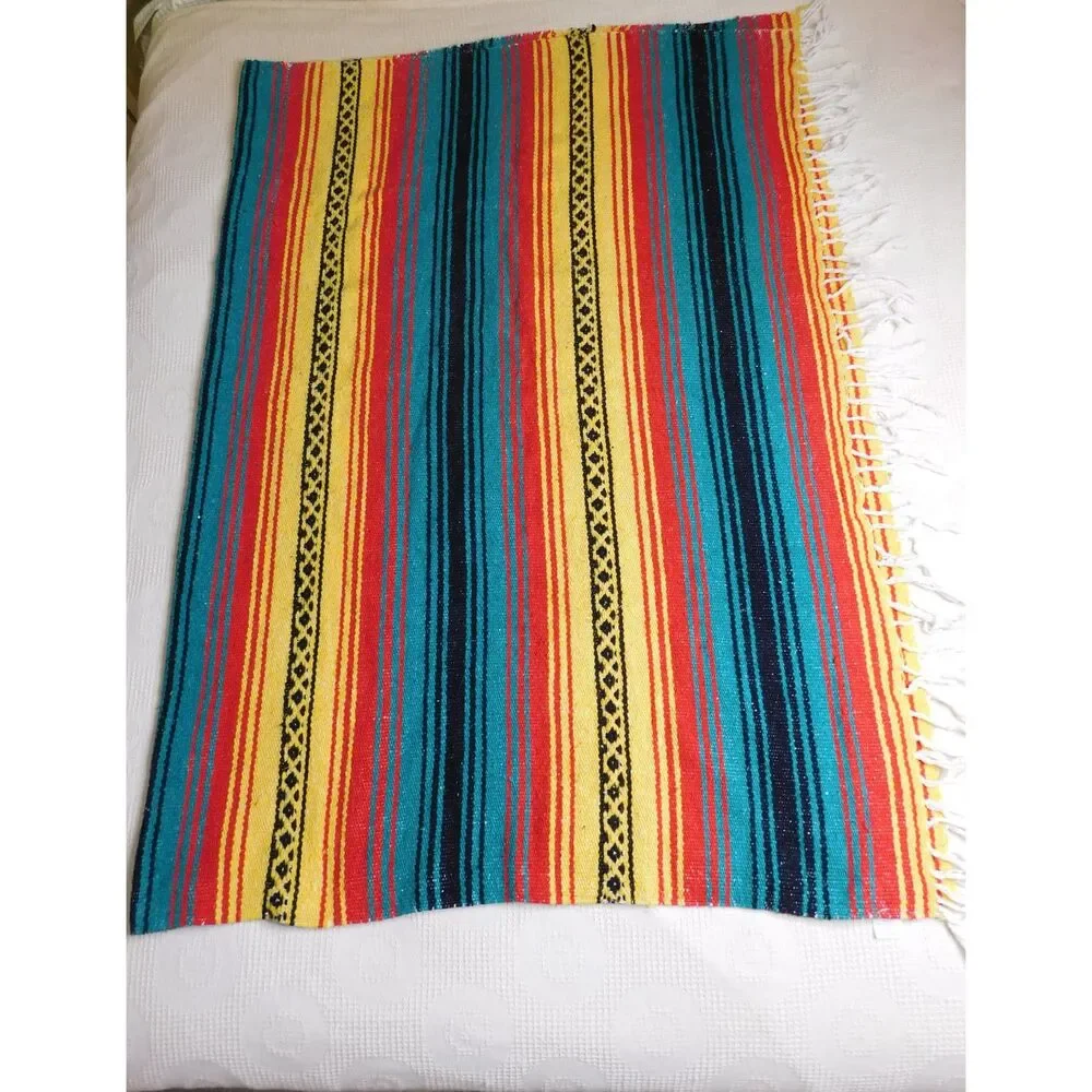 VTG Mexican Serape Blanket Rainbow Striped Boho Southwestern Fringe 74x52 Woven